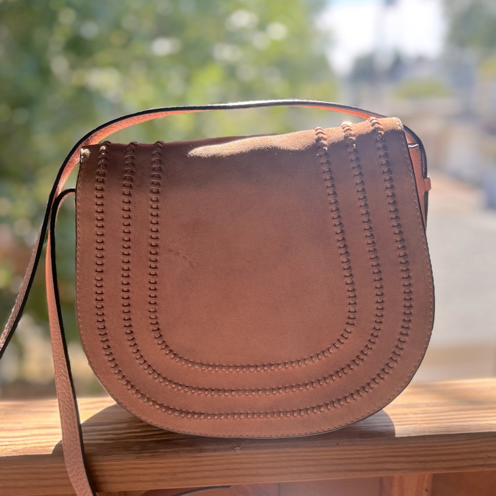 Blush Rose Pink Vince Camuto Crossbody Saddle Bag suede & leather